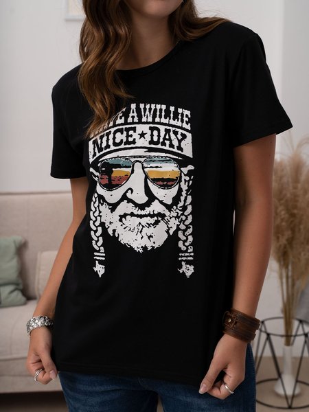 Printed Crew Neck Casual T-shirt, Black, Tops