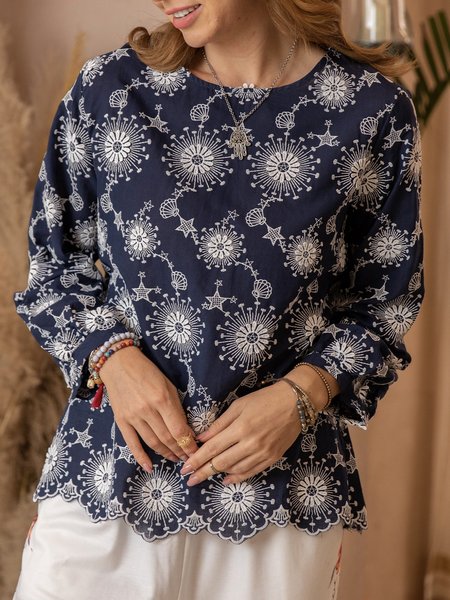 

Blue Long Sleeve Cotton Crew Neck Embroidered Shirts & Tops, Designers