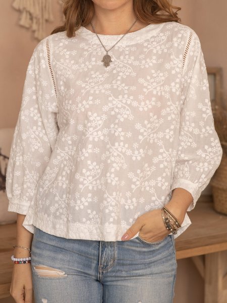 

White Floral Crew Neck Cotton Long Sleeve Shirts & Tops, Designers