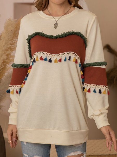 

Vintage Fringed Crew Neck Sweatshirts, Off white, Tops