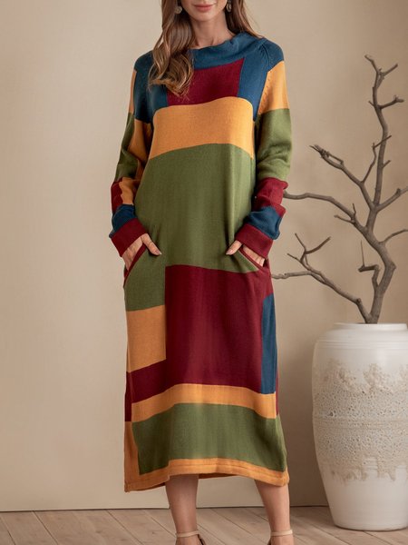 

Yellow Shift Solid Pockets Color-Block Sweater Dress, Sweaters