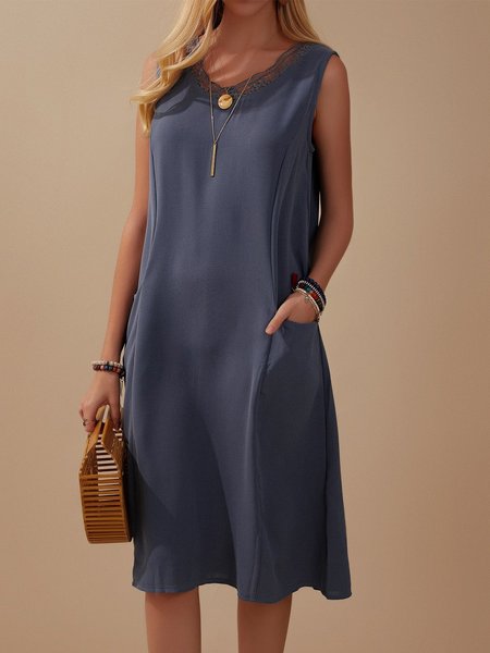 

Casual lace collar dress pocket midi dress, Navy blue, Casual Dresses