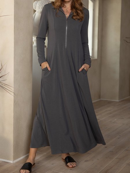 

Casual Cotton-Blend Crew Neck Shirred Dresses, Gray, Casual Dresses