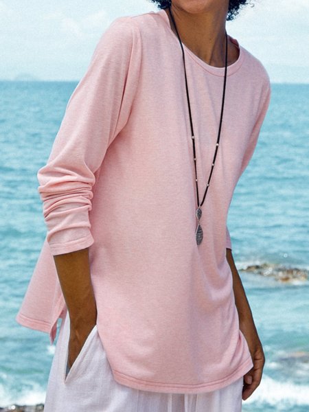 

Rosa Solido Maniche Lunghe Girocollo Top, T-Shirts