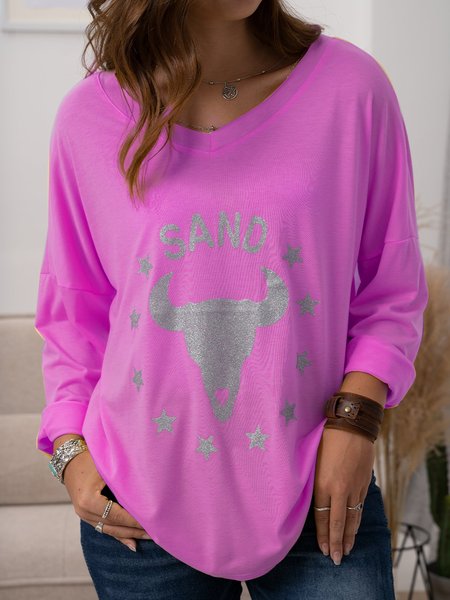 

Casual Cotton-Blend Crew Neck Printed T-shirt, Purple, T-Shirts