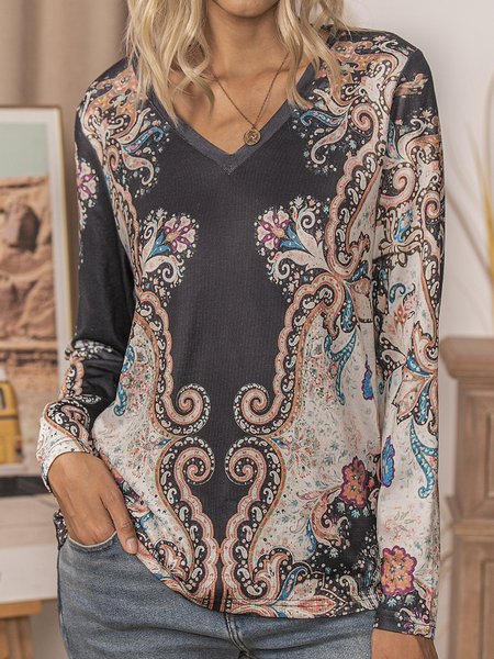 

V Neck Knitted Long Sleeve Tribal Top, Black, Designers