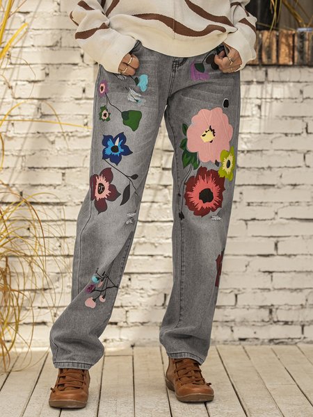 

Denim Floral Casual Pant, Gray, Pants