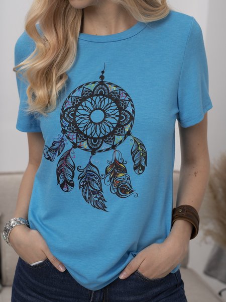 

Vintage Short Sleeve Statement Dreamcatcher Printed Crew Neck Plus Size Casual Tops, Blue, Tops