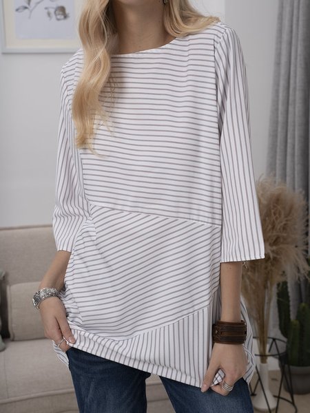 Plus Size Women Half Sleeve Round Neck Striped Casual Tops, White, Tops
