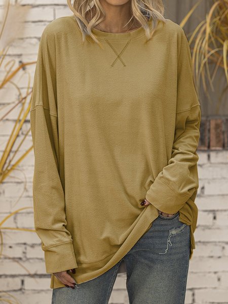 

Gray Solid Crew Neck Long Sleeve Shirt & Top, Khaki, Tops