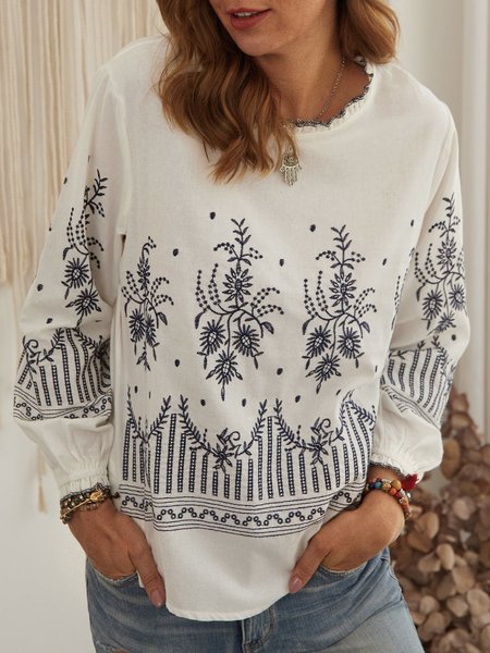 

White Embroidered Floral Long Sleeve Shirt, Designers