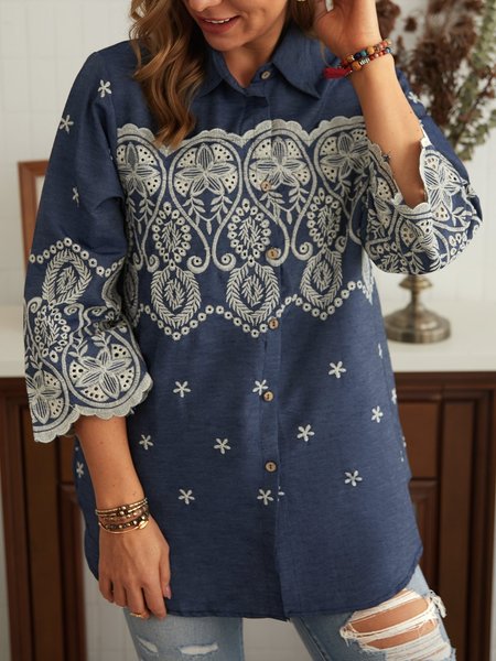 

Blue Embroidered Floral 3/4 Sleeve Shirt, Designers