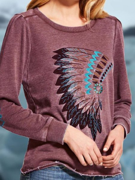 Round Neck Cotton-Blend Long Sleeve Color-Block Shirts & Tops Purple/XL