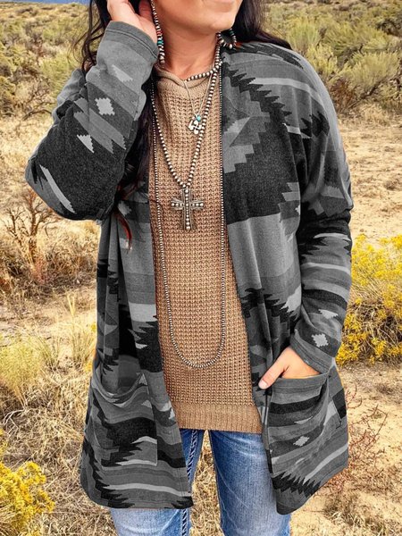 

Blue Vintage Tribal Plus Size Cardigan, Grey, Outerwear