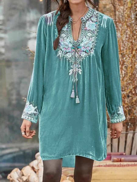 

Blue Long Sleeve Velvet V Neck Dresses, Green, Casual Dress