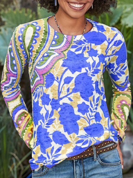 

Printed Long Sleeve Casual Shirts & Tops, Blue, T-Shirts