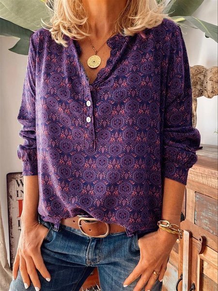 Casual Vintage V Neck Floral Printed Blouse