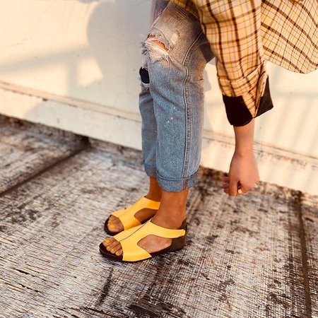 

Blue Summer Daily Leather Flat Heel Sandals, Yellow, Sandals