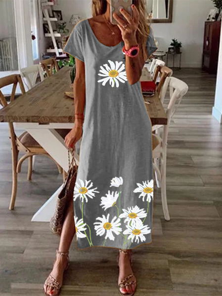 

Yellow Vintage Short Sleeve Knitting Dress, Gray, Maxi