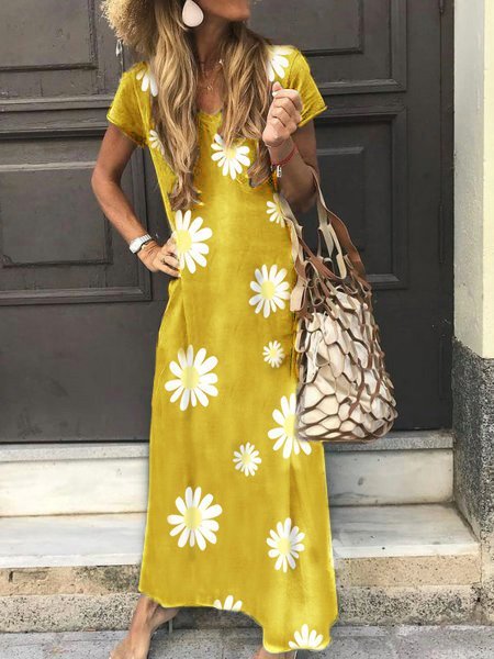Abito con Scollo a V Casuale Floreale di Cotone, Giallo, Summer dresses