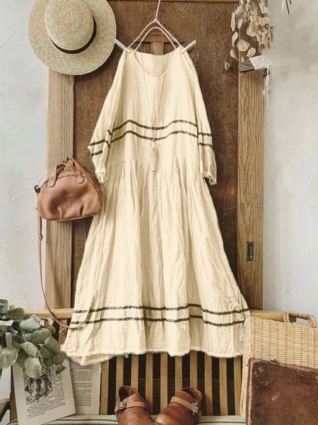 

zolucky Vintage Striped Plus Size Long Sleeve Casual Dresses, Beige, Dresses
