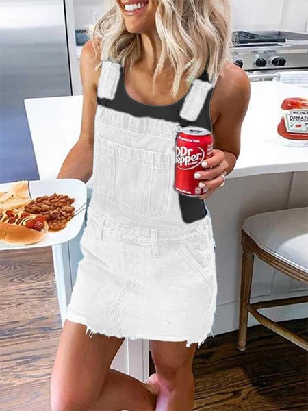 

Blue Square Neck Denim Casual Jumpsuit & Romper, White, Jumpsuits＆Rompers