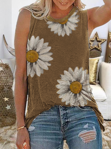 

Plus size Floral Casual Sleeveless Shirts & Tops, Brown, Tanks & Camis
