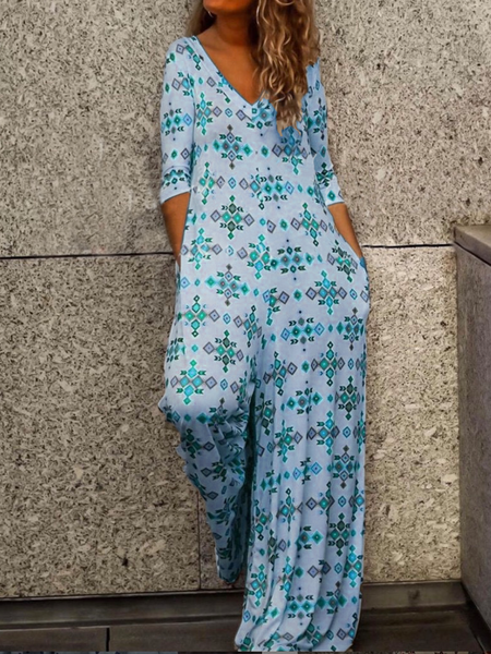 

Vacanza Mezza Manica Stampato Pezzi interi, Blu, Jumpsuits