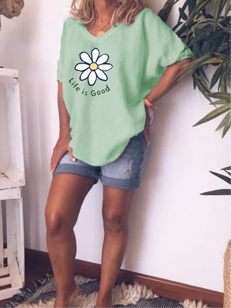 

Retro casual loose simple short sleeve printed T-shirt, Green, Tops