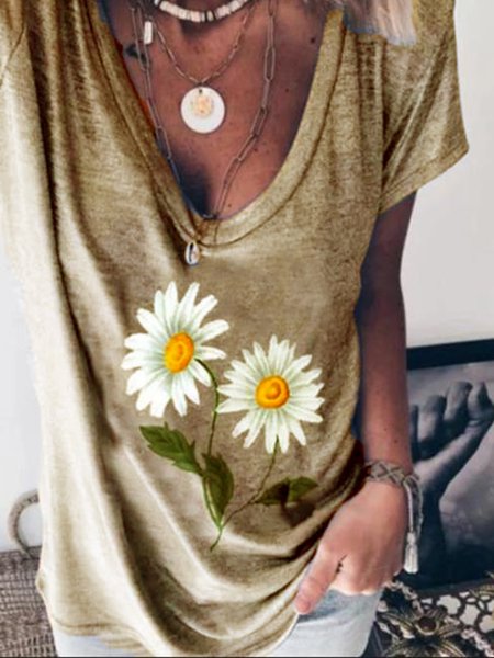 

Grigio Scollo a V Stampato Maniche Corte Top, Cachi, Blouses & Shirts