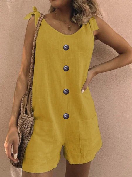 

Casual Pockets Sleeveless Linen Rompers, Yellow, Jumpsuits