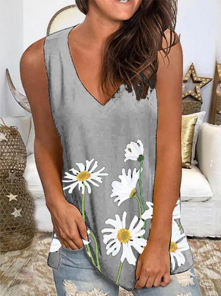 

Floral Summer Printed Tank & Cami Top V-Neck Top T-shirt, Gray, Tank Tops & Camis