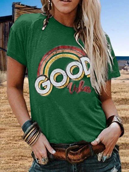 Vintage Short Sleeve Rainbow Letter Printed Plus Size Casual Tops Green/S