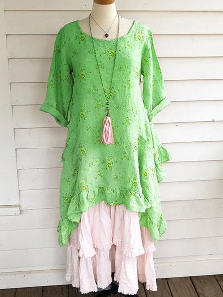 

Round Neck Casual Cotton-Blend Linen & Cotton Weaving Dress, Green, Dresses