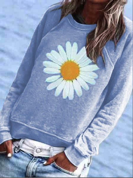

Women Blue Sunflower Printed Cotton-Blend Crew Neck Floral Sweatshirt, Light blue, Hoodies & Sweatshirts