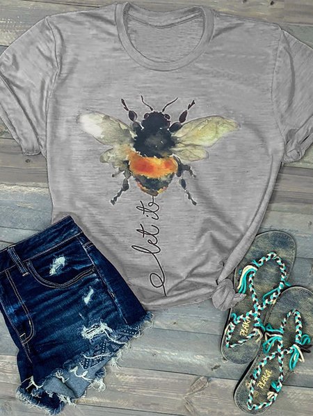 

White Cotton Crew Neck Short Sleeve Animal Top, Gray, Tees & T-shirts