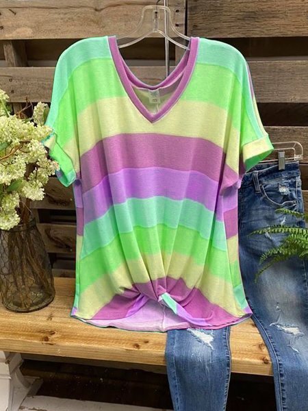 

Striped V Neck Casual Cotton-Blend Short Sleeve Top, Green, Tops