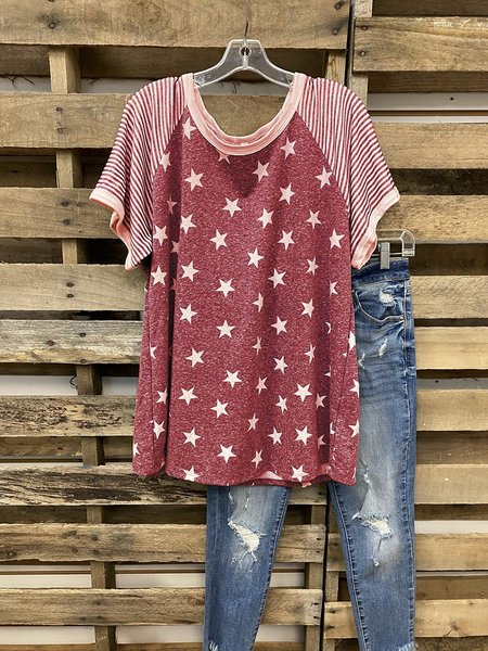 

American Independence Day Stars And Stripes Print T-shirt, Red-white, Auto-Clearance