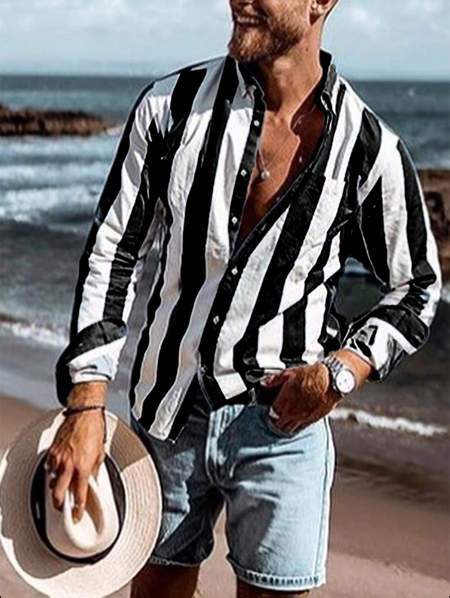 

Blue Shirt Collar Cotton-Blend Striped Casual Shirts & Tops, Black, Men's basic shirt