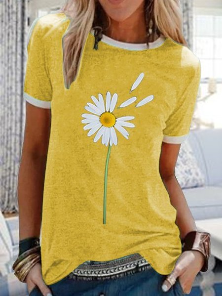 Round neck casual daisy printed short sleeved T shirt