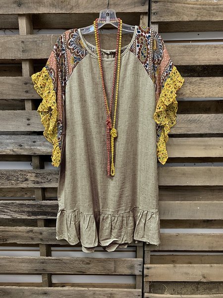 

T-Shirt con Cucitura Bohemian Floreale, Cachi, T-Shirts