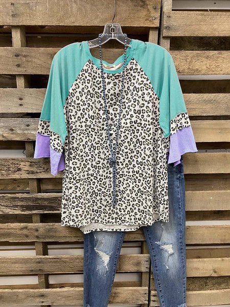 

T-Shirt Casuale Dritto Leopardo, Ciano, T-Shirts