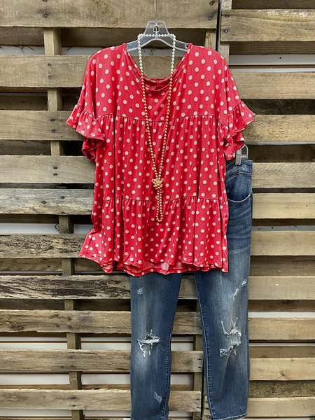 

Top a Girocollo A-line Volant, Rosso, T-Shirts