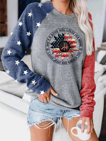 

She's A Good Girl Loves Her Mama Loves Jesus And America Too Colorblock Top, Gray, Long sleeve tops