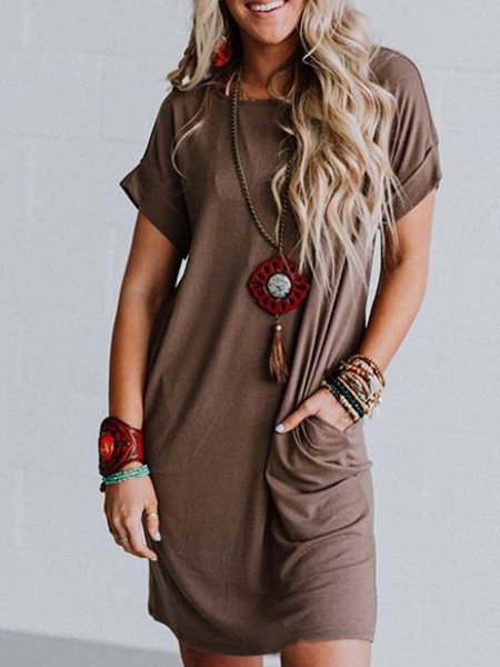 

Light Gray Solid Short Sleeve Cotton Round Neck Dresses, Coffee, Mini Dresses