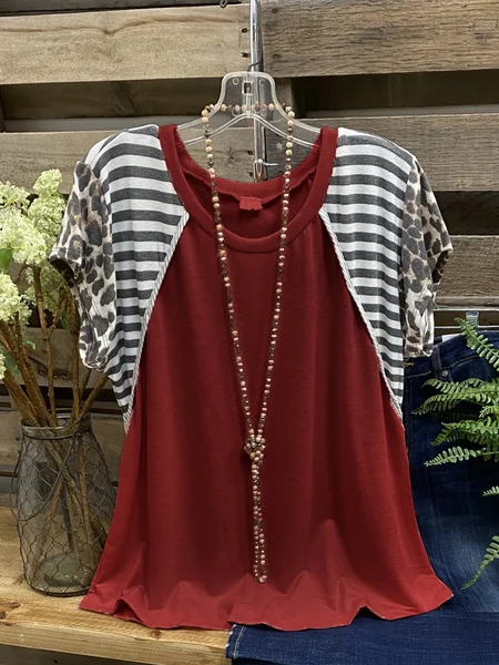 

Cotton-Blend Crew Neck Short Sleeve T-shirt & Top, Red wine, Auto-Clearance