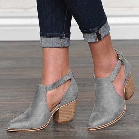 

Block Heel Leather Boots, Gray, Boots