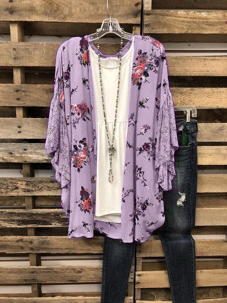 

Floral Print Cardigan with Lotus Leaf Cuffs, Purple, Tops