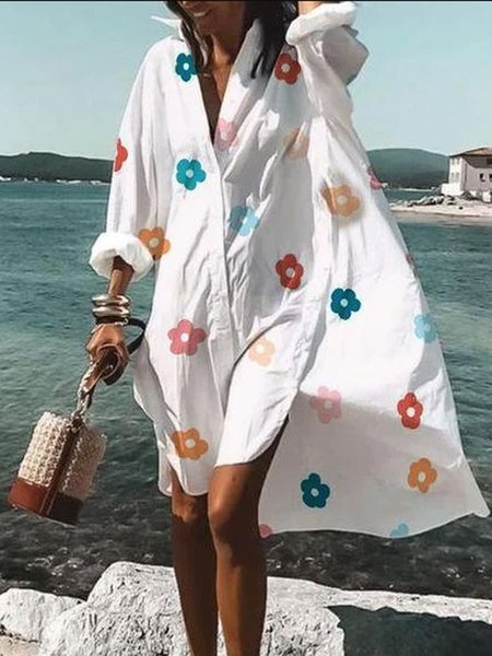 

White Shirt Collar Floral Long Sleeve A-Line Dresses, Summer Dresses