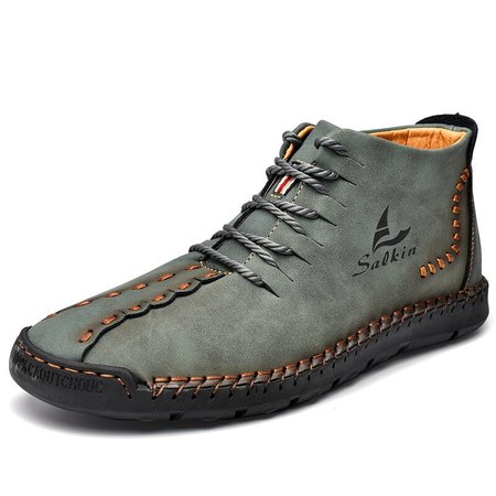 

Men Microfiber Leather Hand Stitching Non Slip Casual Ankle Boots, Green, Men's Boots